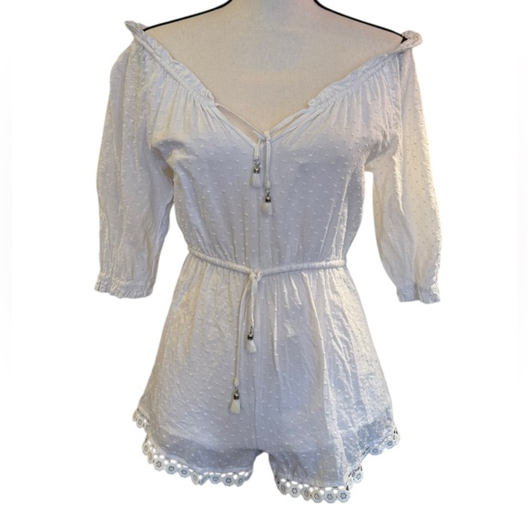Zimmermann White Swiss Dot Cotton Romper Off Shoulder Tie Waist Size 8 M fits S - Picture 4 of 12